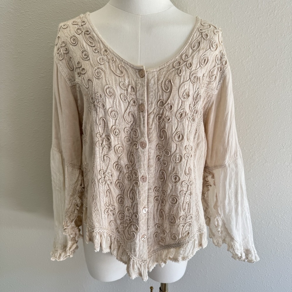 My Choice Ivory Embroidered Crochet Flare Sleeve Blouse OS Fairy Boho Y2K Top